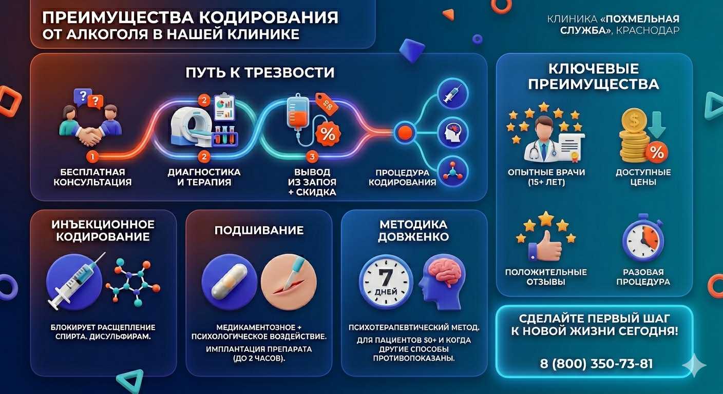 Инфографика о методах кодирования от алкоголя в Коряжме: инъекции, подшивание, метод Довженко. Преимущества клиники и этапы лечения.
